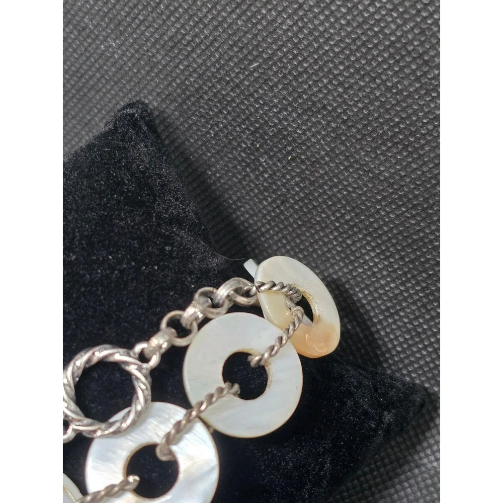 Mother of Pearl Shell Disc Link Bracelet Silver Tone‎ Rope Chain Toggle Clasp
